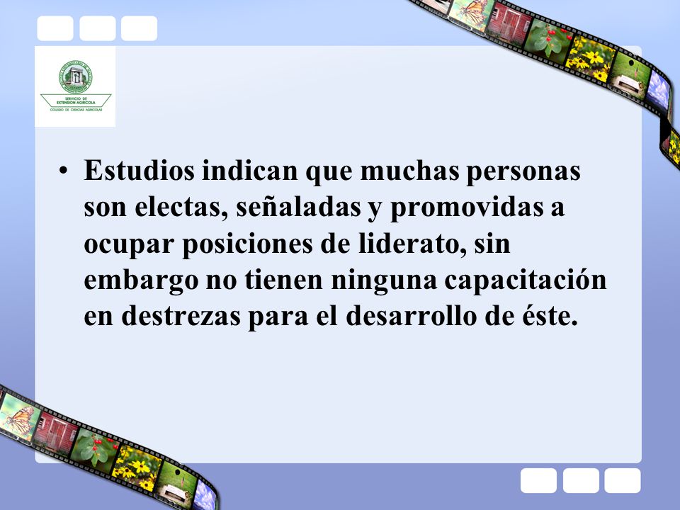 Estudios indican que muchas personas son electas, señaladas y promovidas a ocupar posiciones de liderato, sin embargo no tienen ninguna capacitación en destrezas para el desarrollo de éste.