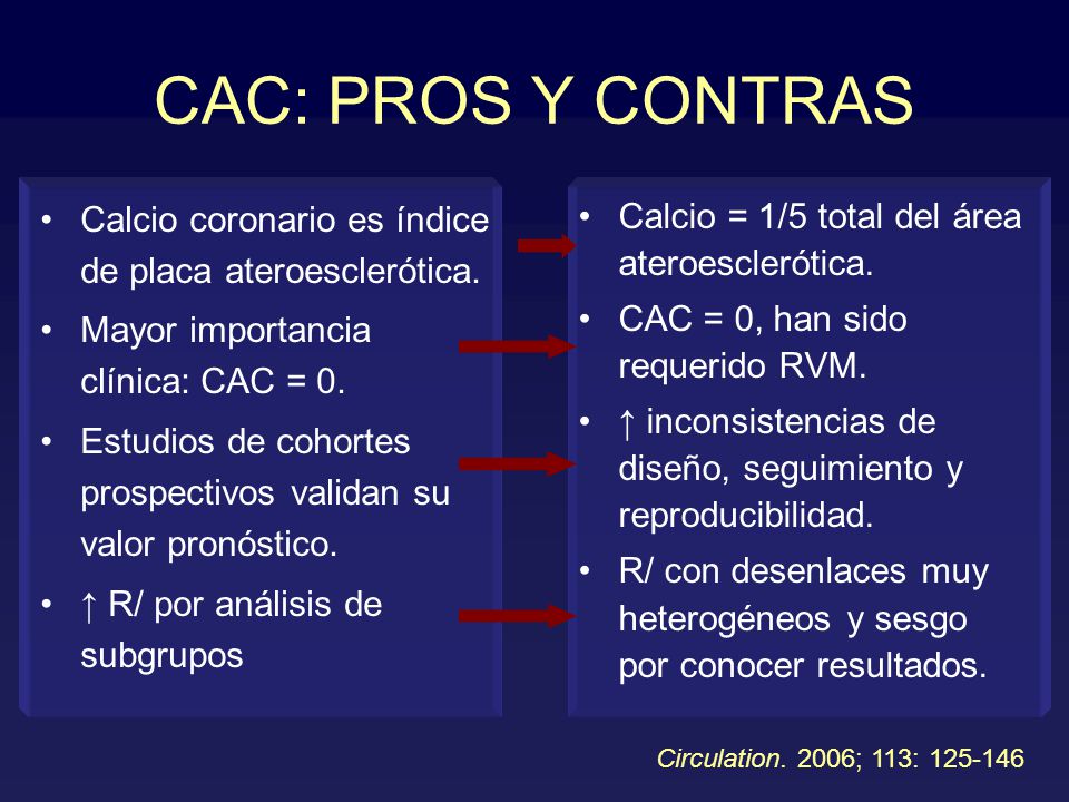 CAC: PROS Y CONTRAS Calcio coronario es índice de placa ateroesclerótica. Mayor importancia clínica: CAC = 0.