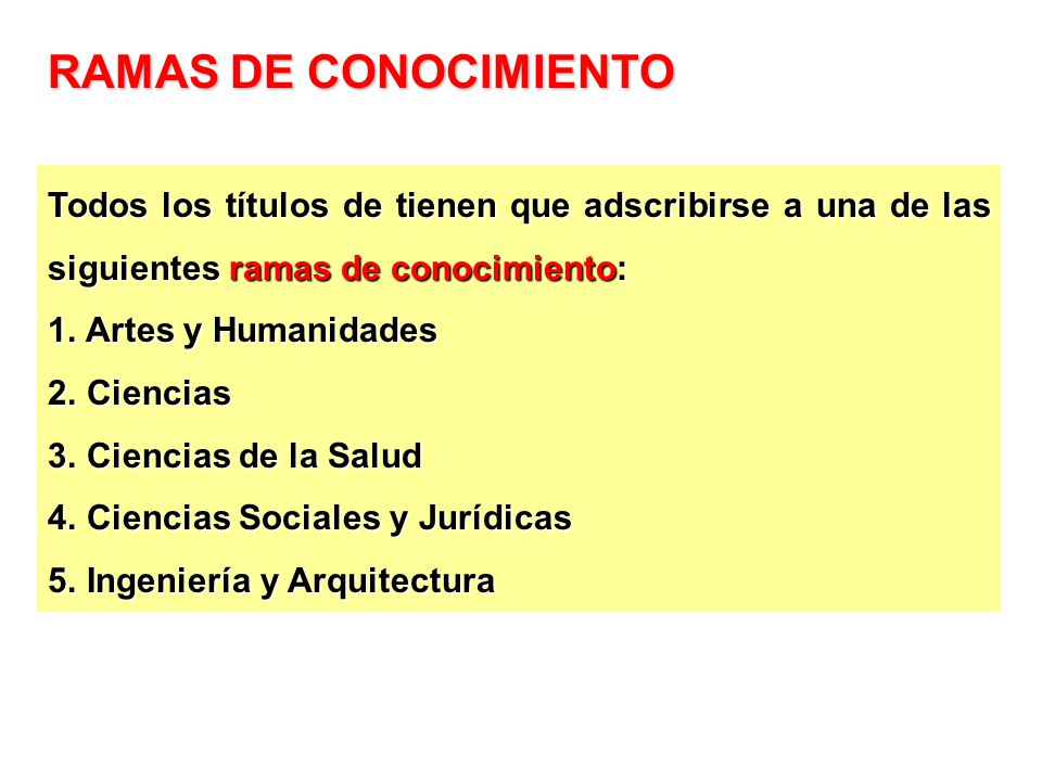 RAMAS DE CONOCIMIENTO Todos los títulos de tienen que adscribirse a una de las siguientes ramas de conocimiento:
