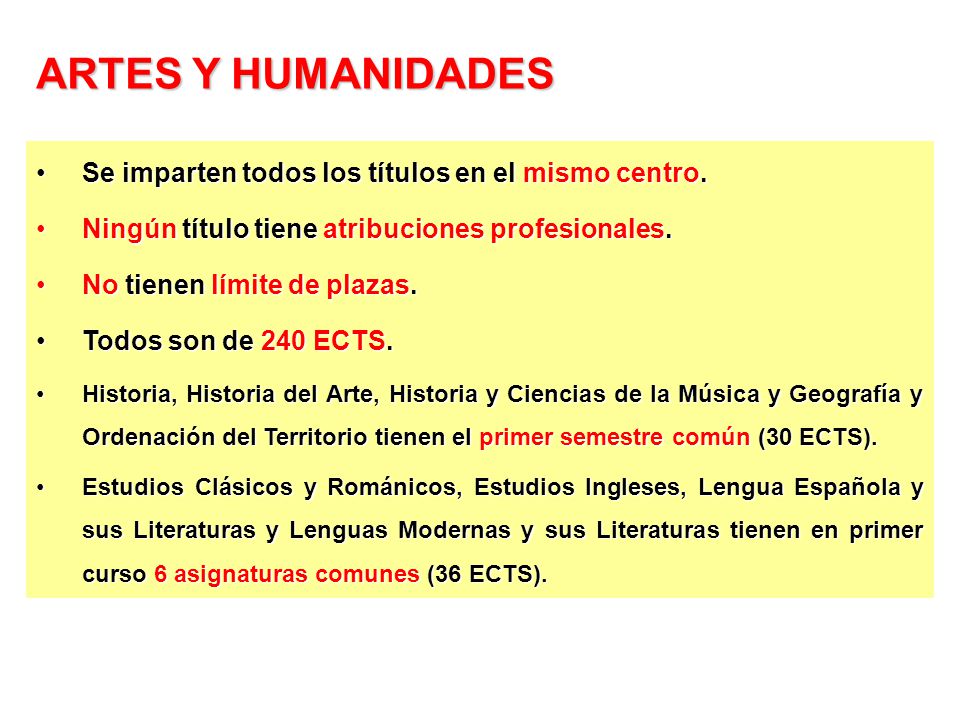 ARTES Y HUMANIDADES Se imparten todos los títulos en el mismo centro.
