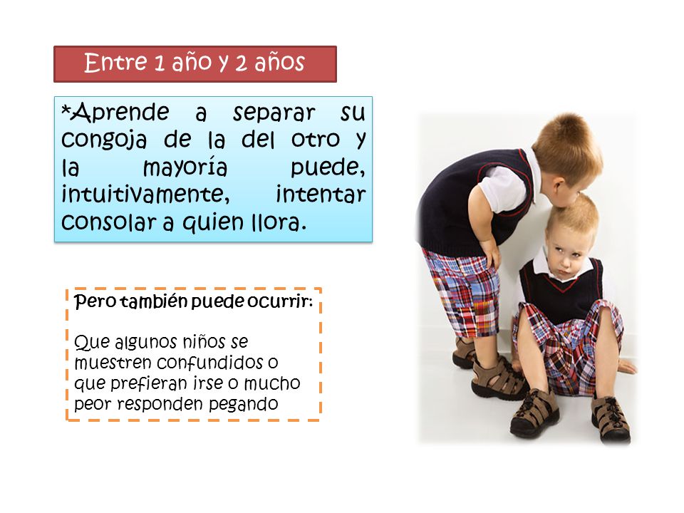 Entre 1 año y 2 años *Aprende a separar su congoja de la del otro y la mayoría puede, intuitivamente, intentar consolar a quien llora.