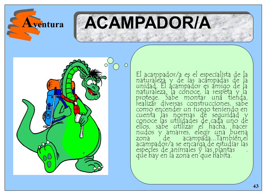 El acampador/a es el especialista de la naturaleza y de las acampadas de la unidad. El acampador es amigo de la naturaleza, la conoce, la respeta y la protege. Sabe montar una tienda, realizar diversas construcciones, sabe como encender un fuego teniendo en cuenta las normas de seguridad y conoce las utilidades de cada uno de ellos, sabe utilizar el hacha, hacer nudos y amarres, elegir una buena zona de acampada...También,el acampador/a se encarga de estudiar las especies de animales y las plantas . que hay en la zona en que habita.