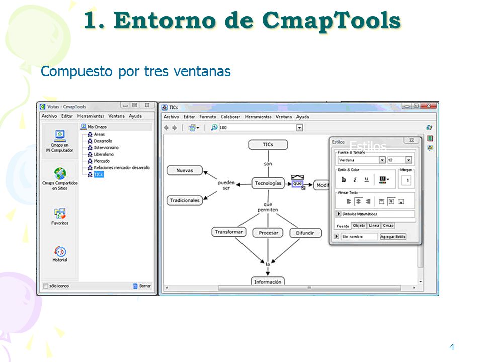 1. Entorno de CmapTools Compuesto por tres ventanas Estilos Vistas