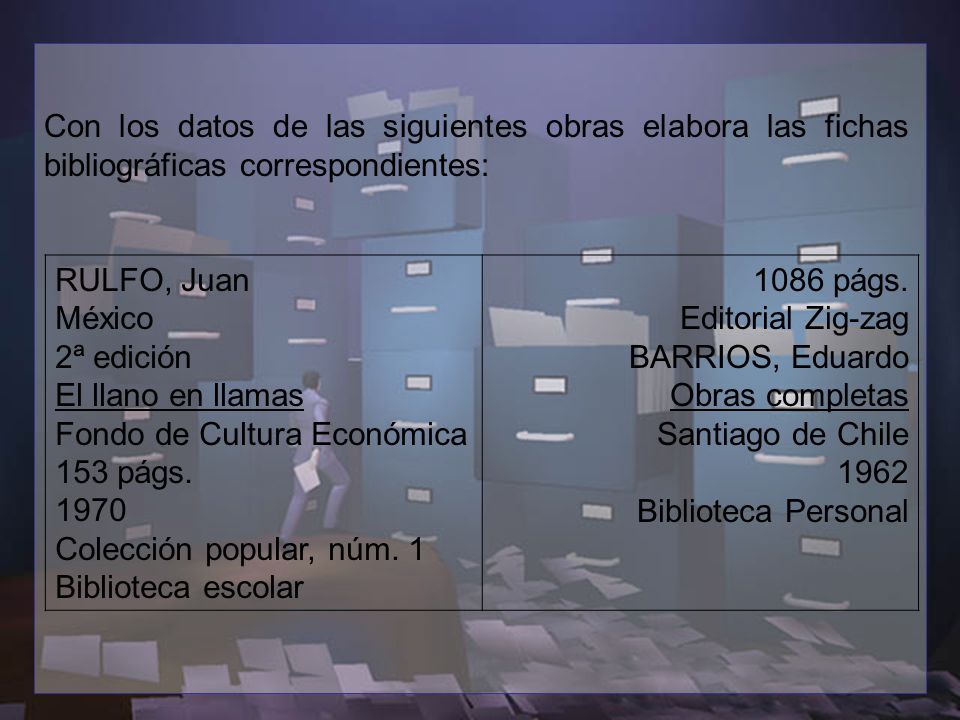 Con los datos de las siguientes obras elabora las fichas bibliográficas correspondientes: