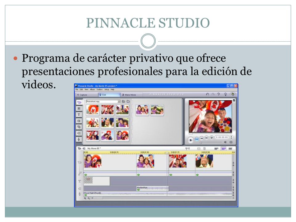 PINNACLE STUDIO Programa de carácter privativo que ofrece presentaciones profesionales para la edición de videos.
