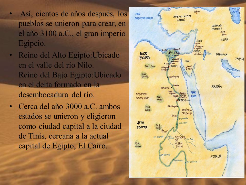 Así, cientos de años después, los pueblos se unieron para crear, en el año 3100 a.C., el gran imperio Egipcio.