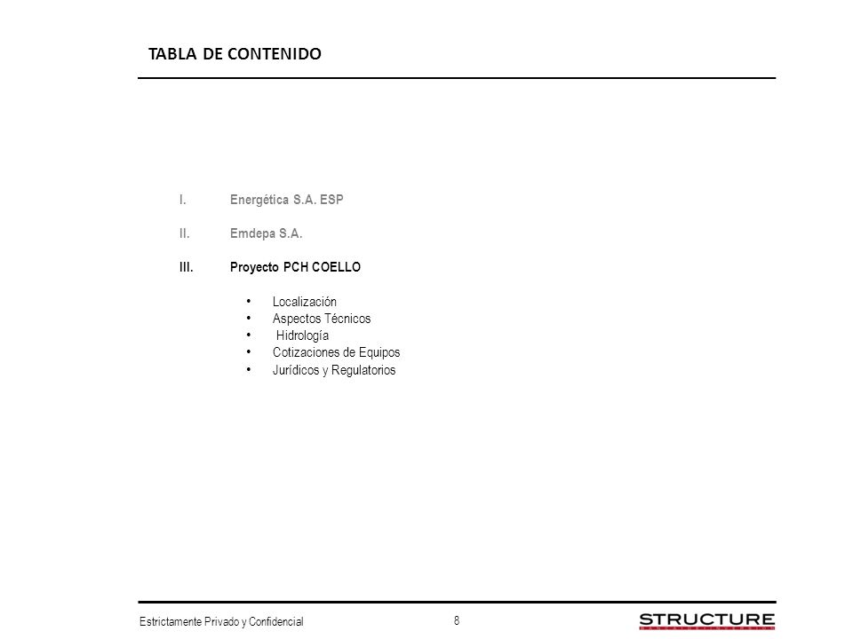 TABLA DE CONTENIDO Energética S.A. ESP Emdepa S.A. Proyecto PCH COELLO