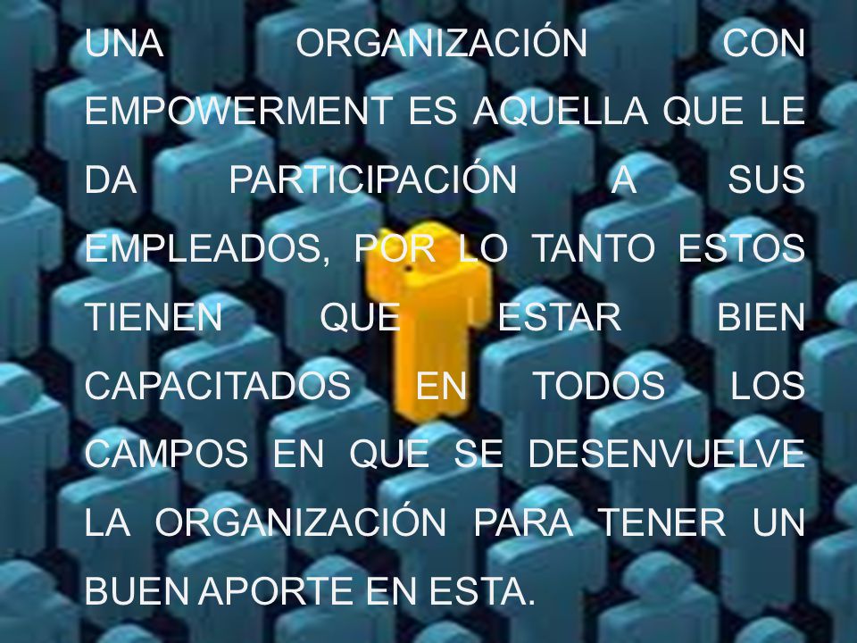 UNA ORGANIZACIÓN CON EMPOWERMENT ES AQUELLA QUE LE DA PARTICIPACIÓN A SUS EMPLEADOS, POR LO TANTO ESTOS TIENEN QUE ESTAR BIEN CAPACITADOS EN TODOS LOS CAMPOS EN QUE SE DESENVUELVE LA ORGANIZACIÓN PARA TENER UN BUEN APORTE EN ESTA.