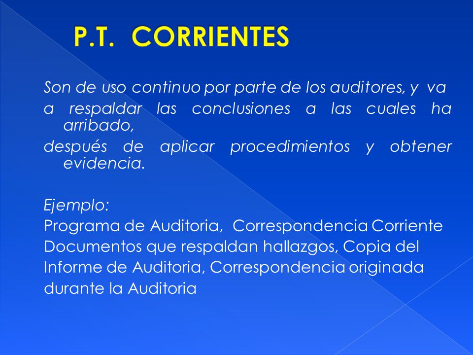 P.T. CORRIENTES Son de uso continuo por parte de los auditores, y va