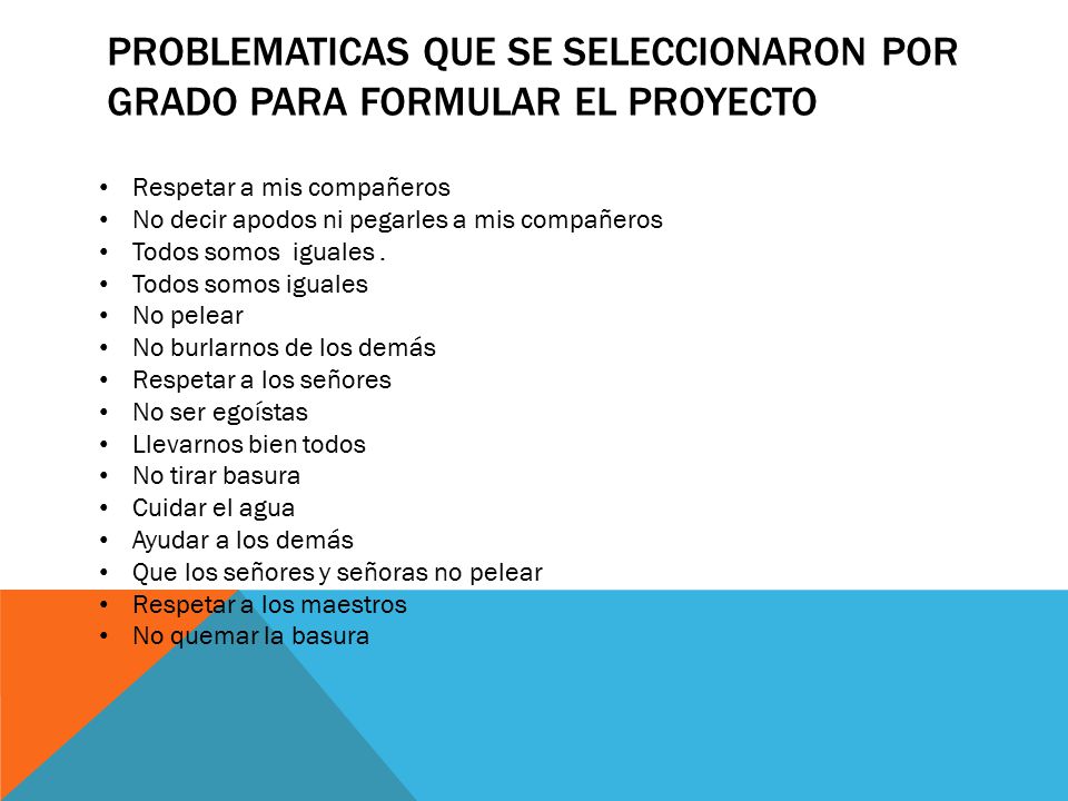 PROBLEMATICAS QUE SE SELECCIONARON POR GRADO PARA FORMULAR EL PROYECTO