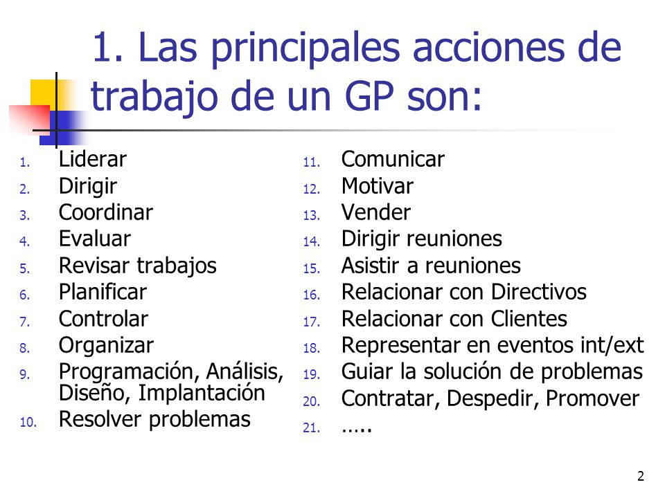 1. Las principales acciones de trabajo de un GP son: