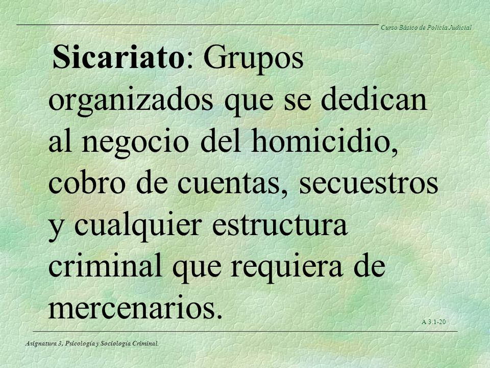 Sicariato: Grupos organizados que se dedican al negocio del homicidio, cobro de cuentas, secuestros y cualquier estructura criminal que requiera de mercenarios.