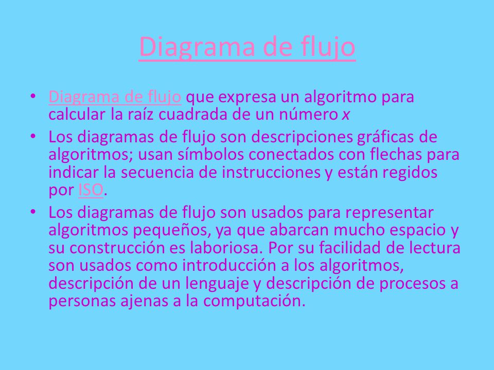 Diagrama de flujo Diagrama de flujo que expresa un algoritmo para calcular la raíz cuadrada de un número x.