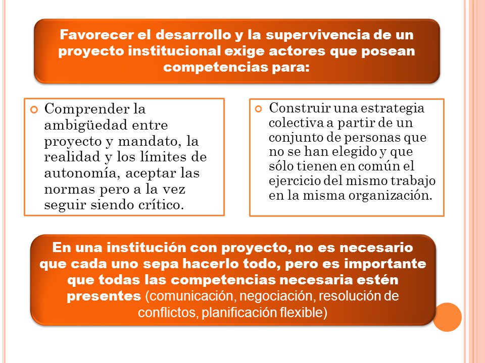 Favorecer el desarrollo y la supervivencia de un proyecto institucional exige actores que posean competencias para: