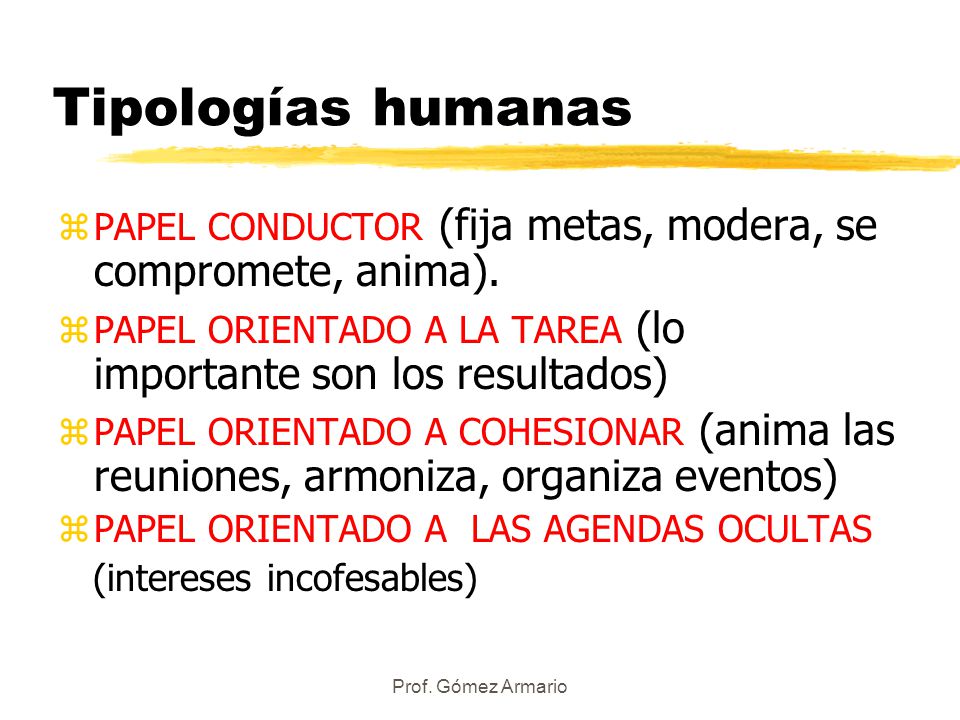 Tipologías humanas PAPEL CONDUCTOR (fija metas, modera, se compromete, anima). PAPEL ORIENTADO A LA TAREA (lo importante son los resultados)
