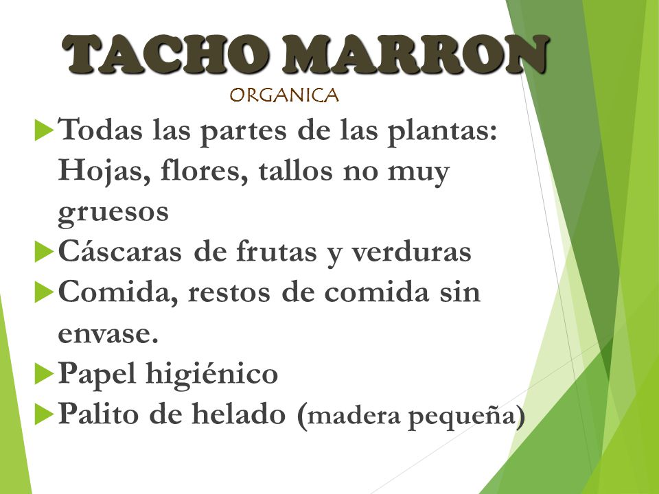 TACHO MARRON ORGANICA. Todas las partes de las plantas: Hojas, flores, tallos no muy gruesos. Cáscaras de frutas y verduras.