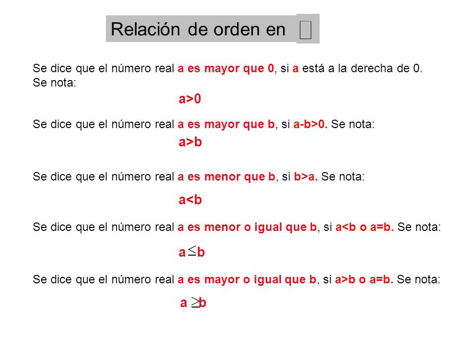 Relación de orden en a>0 a>b a<b a b