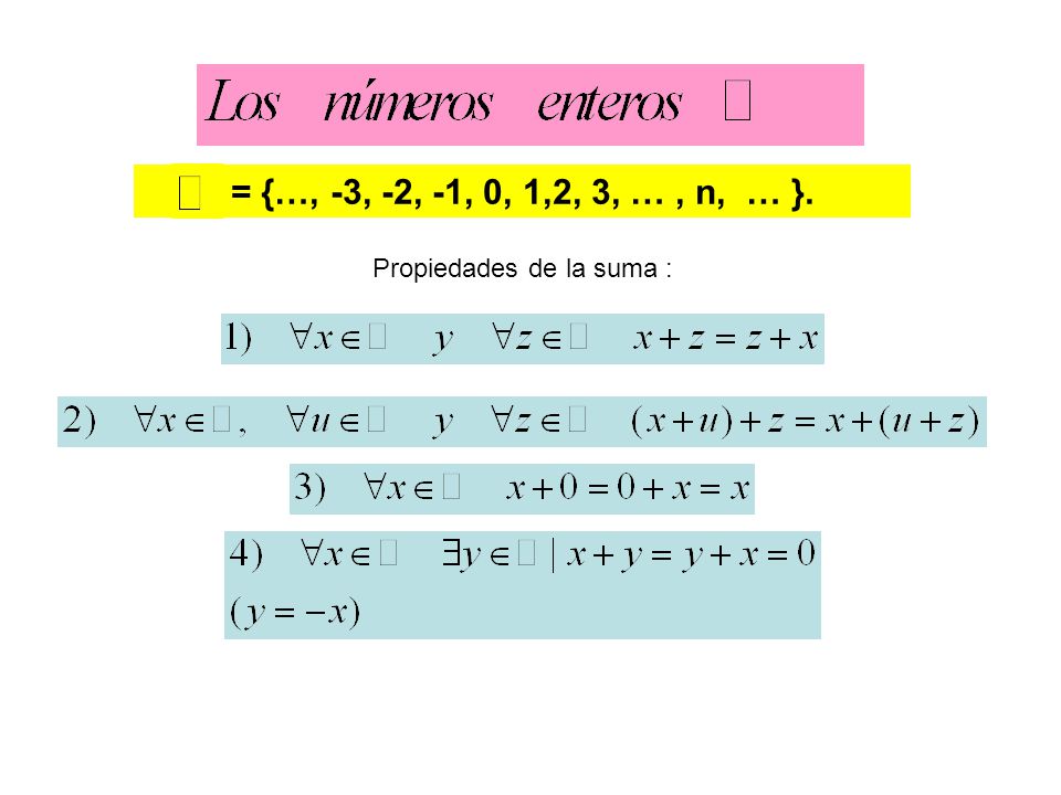 = {…, -3, -2, -1, 0, 1,2, 3, … , n, … }. Propiedades de la suma :