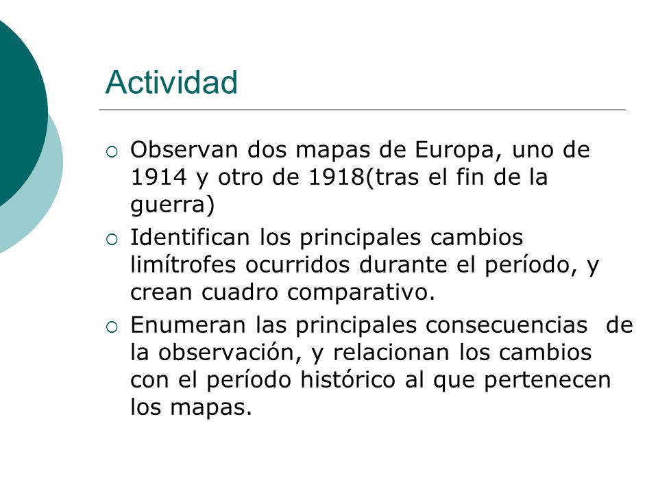 Actividad Observan dos mapas de Europa, uno de 1914 y otro de 1918(tras el fin de la guerra)