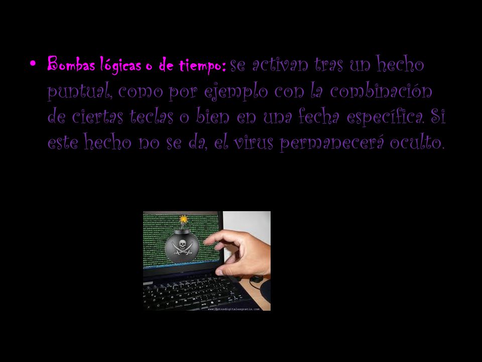 Bombas lógicas o de tiempo: se activan tras un hecho puntual, como por ejemplo con la combinación de ciertas teclas o bien en una fecha específica.
