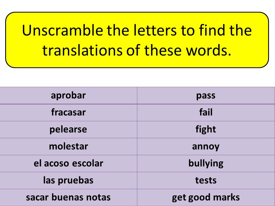 Unscramble the letters to find the translations of these words.