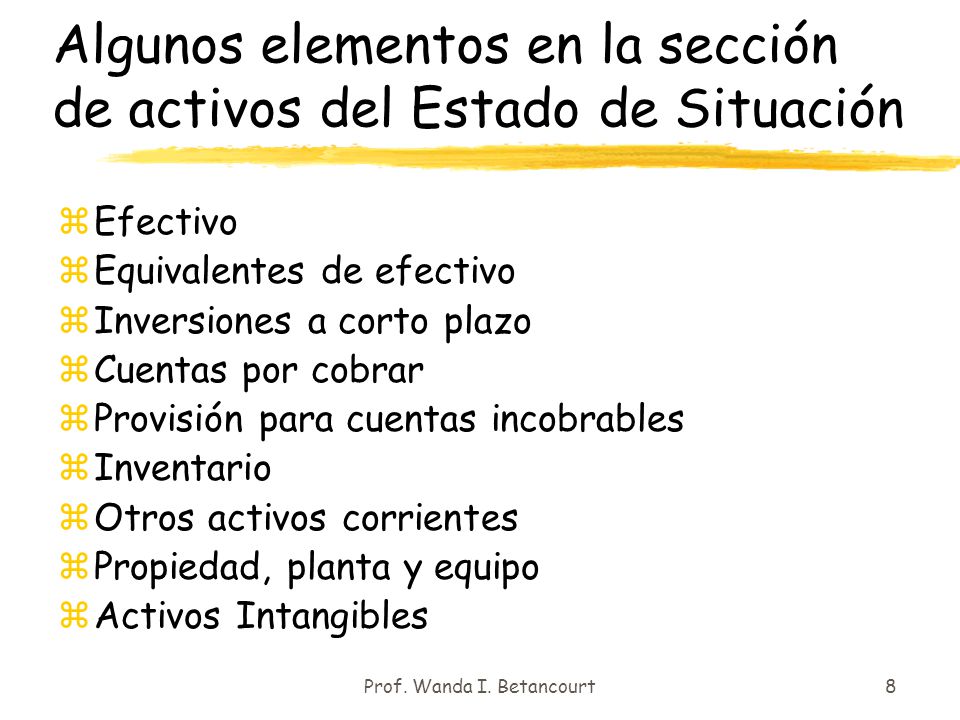 Algunos elementos en la sección de activos del Estado de Situación