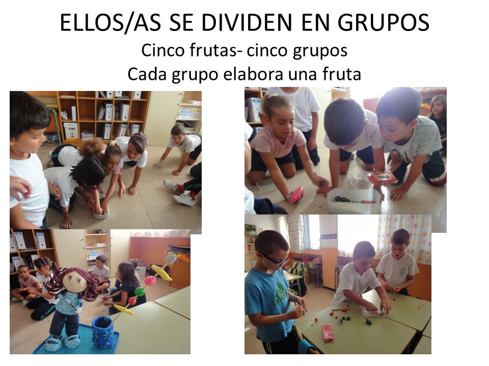 ELLOS/AS SE DIVIDEN EN GRUPOS Cinco frutas- cinco grupos Cada grupo elabora una fruta