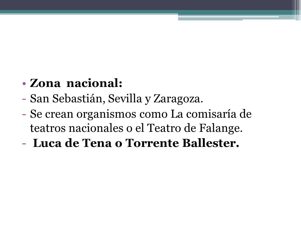 Zona nacional: San Sebastián, Sevilla y Zaragoza. Se crean organismos como La comisaría de teatros nacionales o el Teatro de Falange.