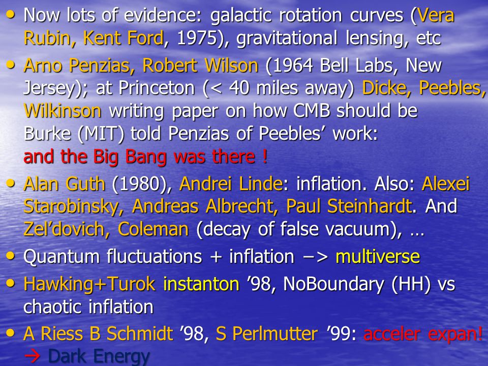Now lots of evidence: galactic rotation curves (Vera Rubin, Kent Ford, 1975), gravitational lensing, etc