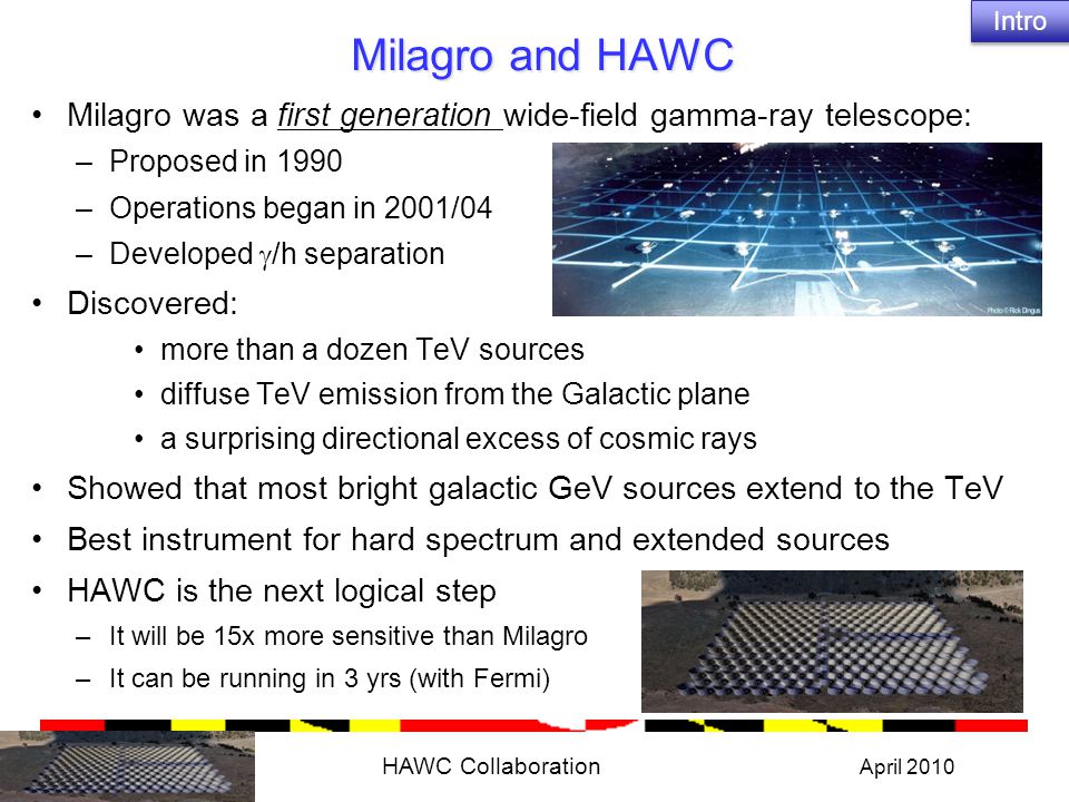Milagro and HAWC Intro. Milagro was a first generation wide-field gamma-ray telescope: Proposed in