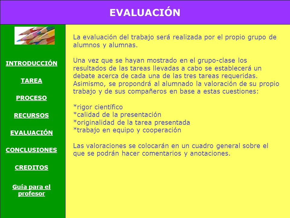 EVALUACIÓN INTRODUCCIÓN. TAREA. PROCESO. RECURSOS. CONCLUSIONES. CREDITOS. Guía para el profesor.