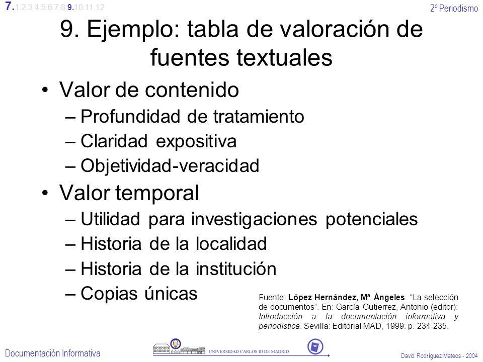 9. Ejemplo: tabla de valoración de fuentes textuales