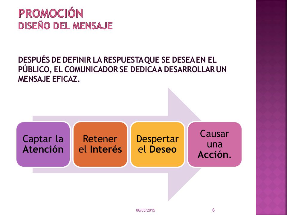 PROMOCIÓN Diseño del mensaje después de definir la respuesta que se desea en el público, el comunicador se dedica a desarrollar un mensaje eficaz.