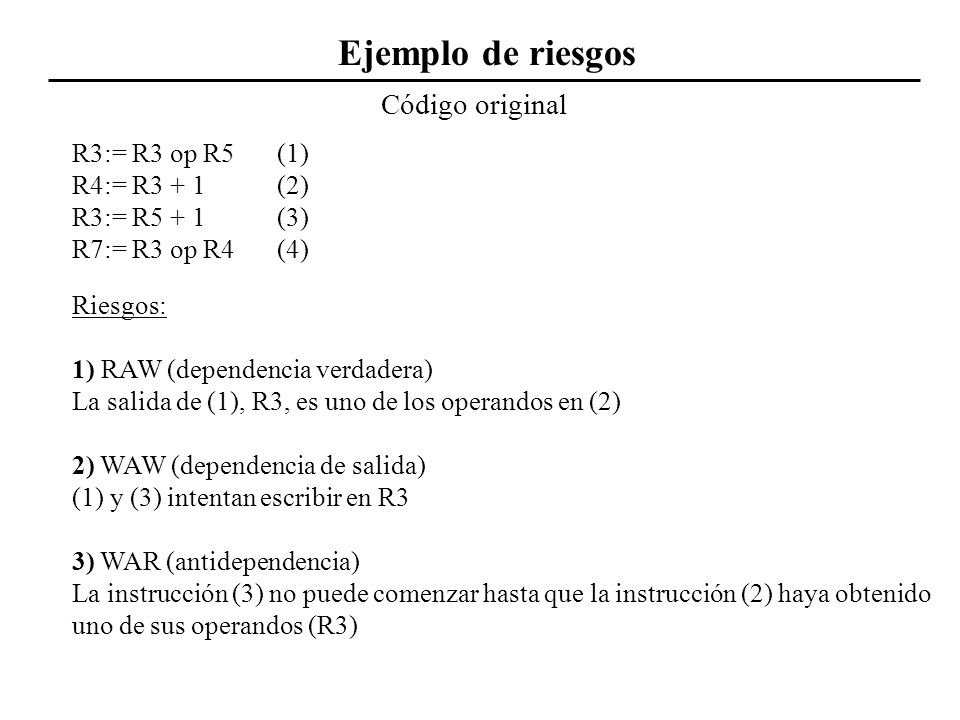 Ejemplo de riesgos Código original R3:= R3 op R5 (1) R4:= R3 + 1 (2)
