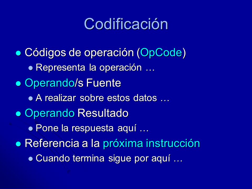 Codificación Códigos de operación (OpCode) Operando/s Fuente