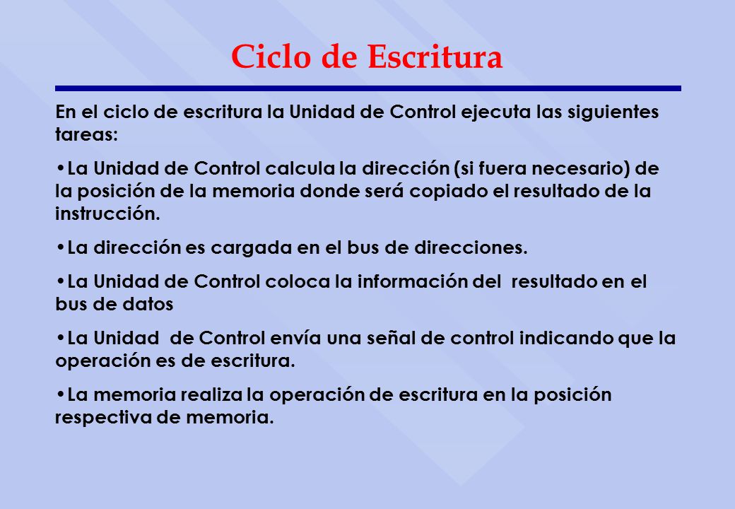Ciclo de Escritura En el ciclo de escritura la Unidad de Control ejecuta las siguientes tareas: