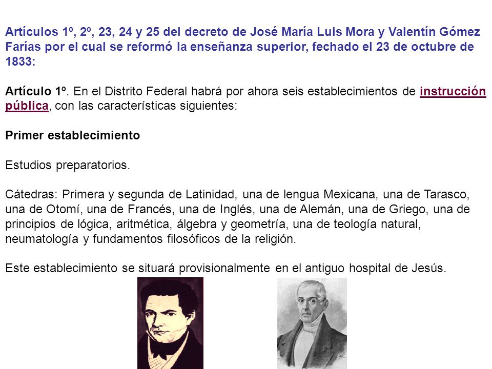 Artículos 1º, 2º, 23, 24 y 25 del decreto de José María Luis Mora y Valentín Gómez Farías por el cual se reformó la enseñanza superior, fechado el 23 de octubre de 1833: