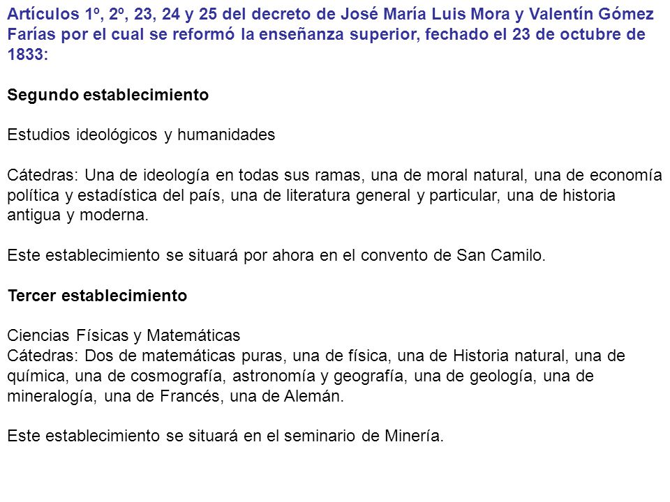 Artículos 1º, 2º, 23, 24 y 25 del decreto de José María Luis Mora y Valentín Gómez Farías por el cual se reformó la enseñanza superior, fechado el 23 de octubre de 1833: