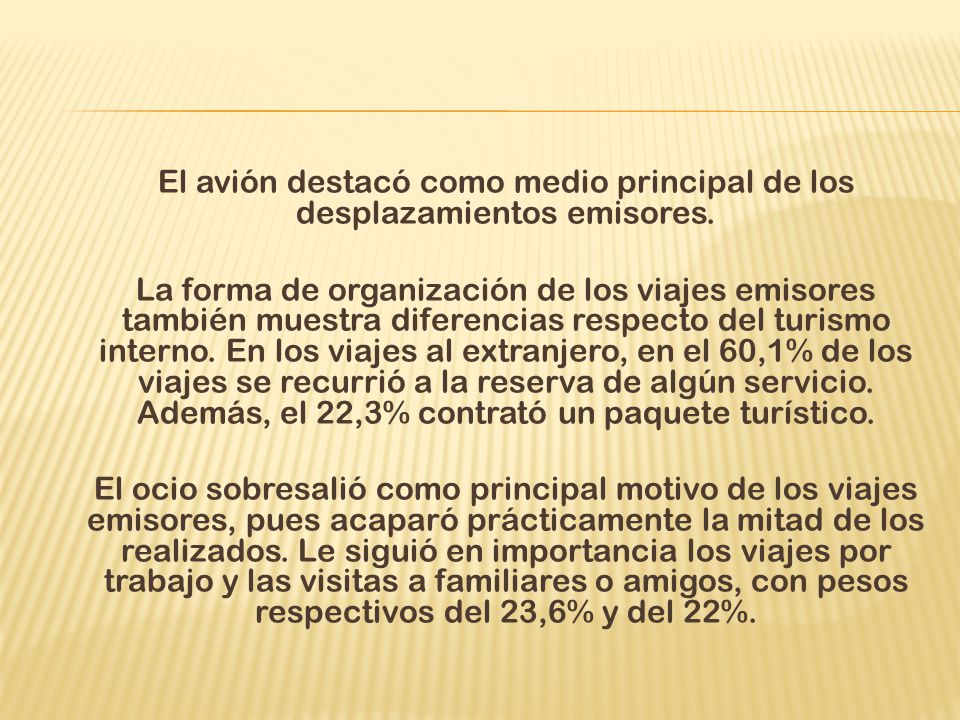 El avión destacó como medio principal de los desplazamientos emisores.