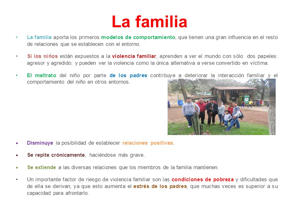 La familia aporta los primeros modelos de comportamiento, que tienen una gran influencia en el resto de relaciones que se establecen con el entorno.