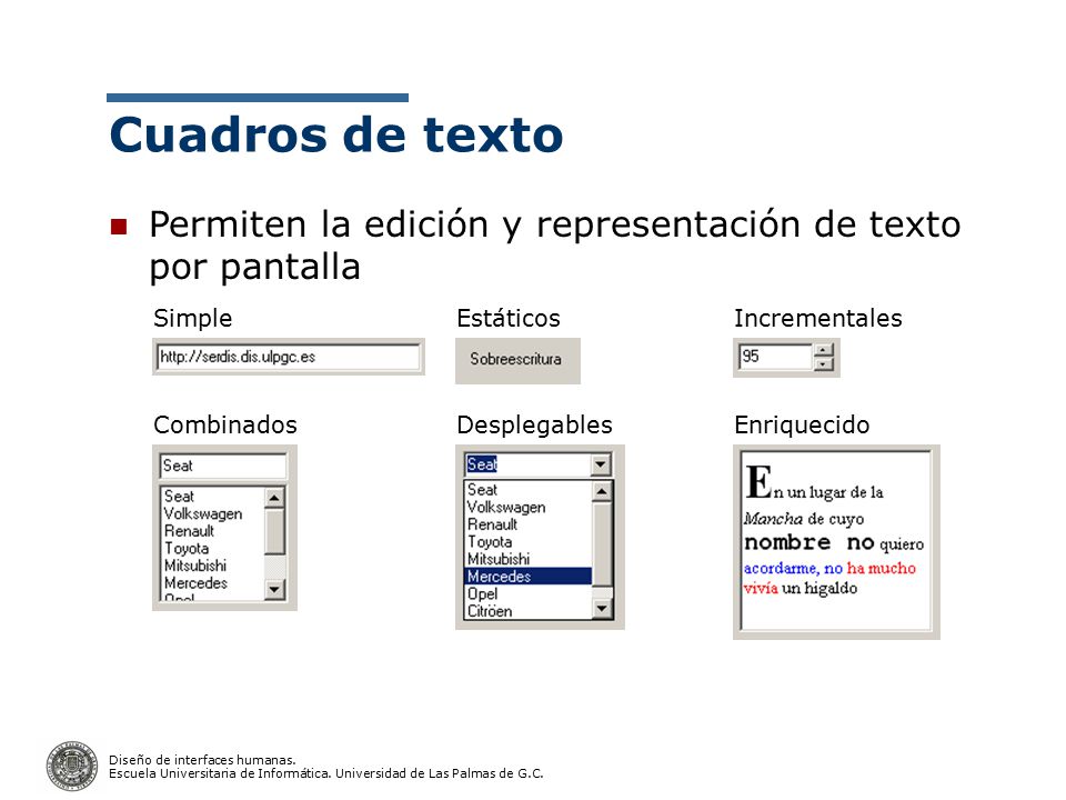 Cuadros de texto Permiten la edición y representación de texto por pantalla. Simple. Estáticos. Incrementales.