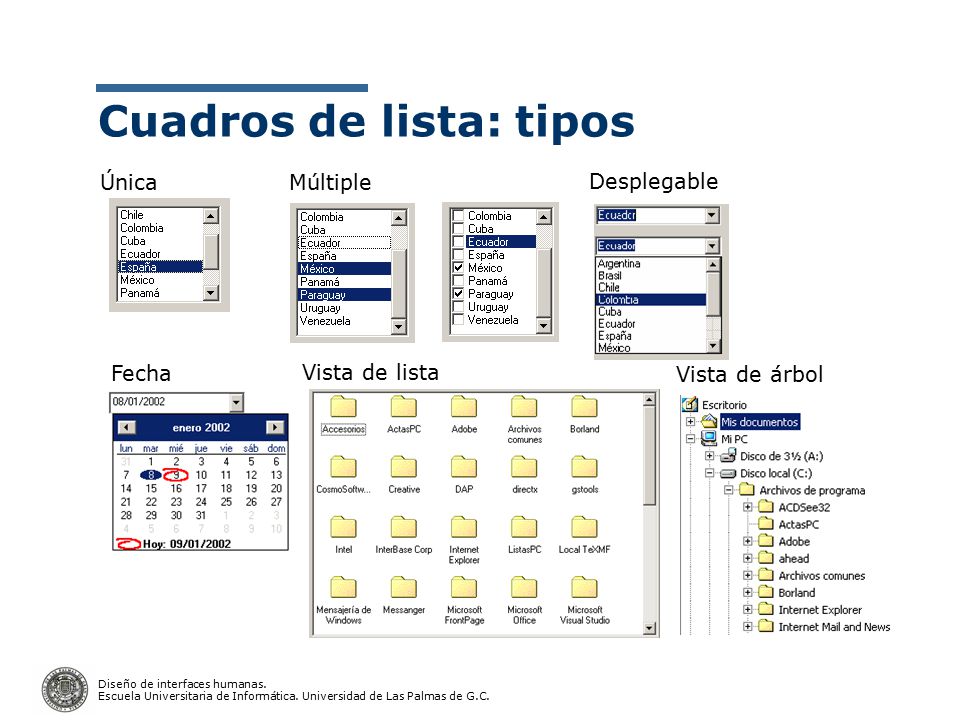 Cuadros de lista: tipos