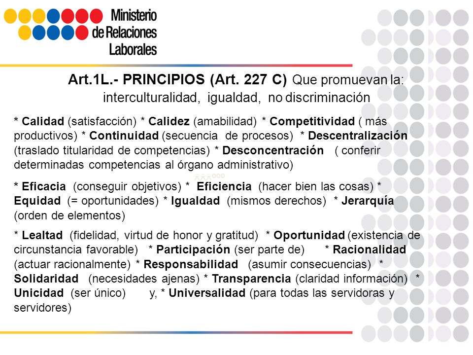 ﾺﾺﾺººº Art.1L.- PRINCIPIOS (Art. 227 C) Que promuevan la: interculturalidad, igualdad, no discriminación.