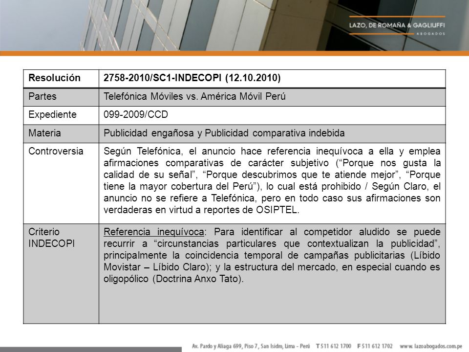 Resolución /SC1-INDECOPI ( ) Partes. Telefónica Móviles vs. América Móvil Perú.