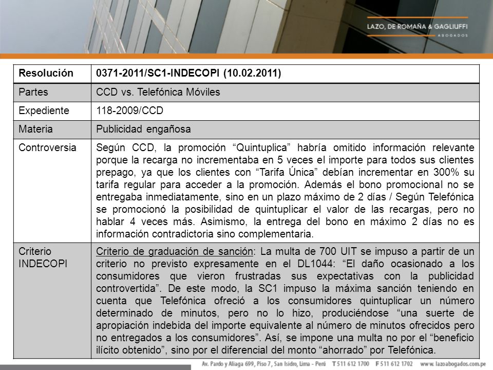 Resolución /SC1-INDECOPI ( ) Partes. CCD vs. Telefónica Móviles. Expediente /CCD.