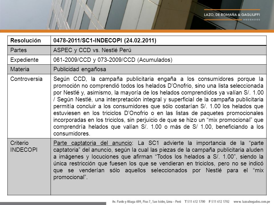 Resolución /SC1-INDECOPI ( ) Partes. ASPEC y CCD vs. Nestlé Perú. Expediente /CCD y /CCD (Acumulados)