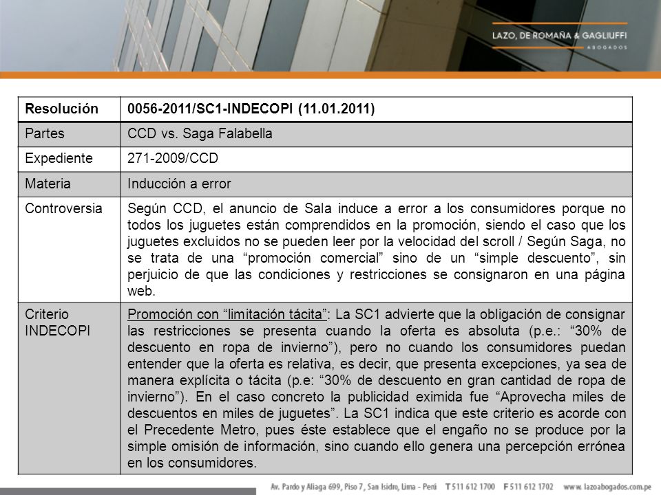 Resolución /SC1-INDECOPI ( ) Partes. CCD vs. Saga Falabella. Expediente /CCD.