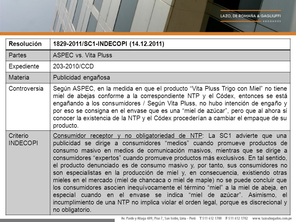 Resolución /SC1-INDECOPI ( ) Partes. ASPEC vs. Vita Pluss. Expediente /CCD.