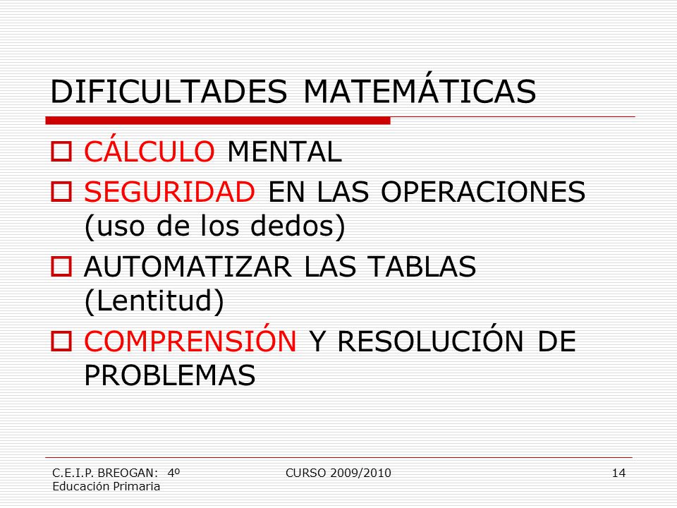 DIFICULTADES MATEMÁTICAS