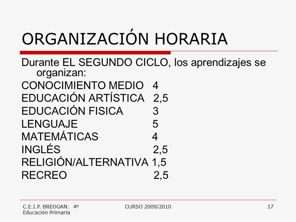 ORGANIZACIÓN HORARIA Durante EL SEGUNDO CICLO, los aprendizajes se organizan: CONOCIMIENTO MEDIO 4.